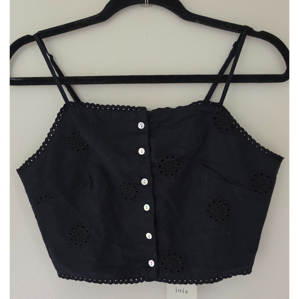 Joie NWT Black Linen Blend Eyelet Crop Top Cami Adjustable Straps Boho